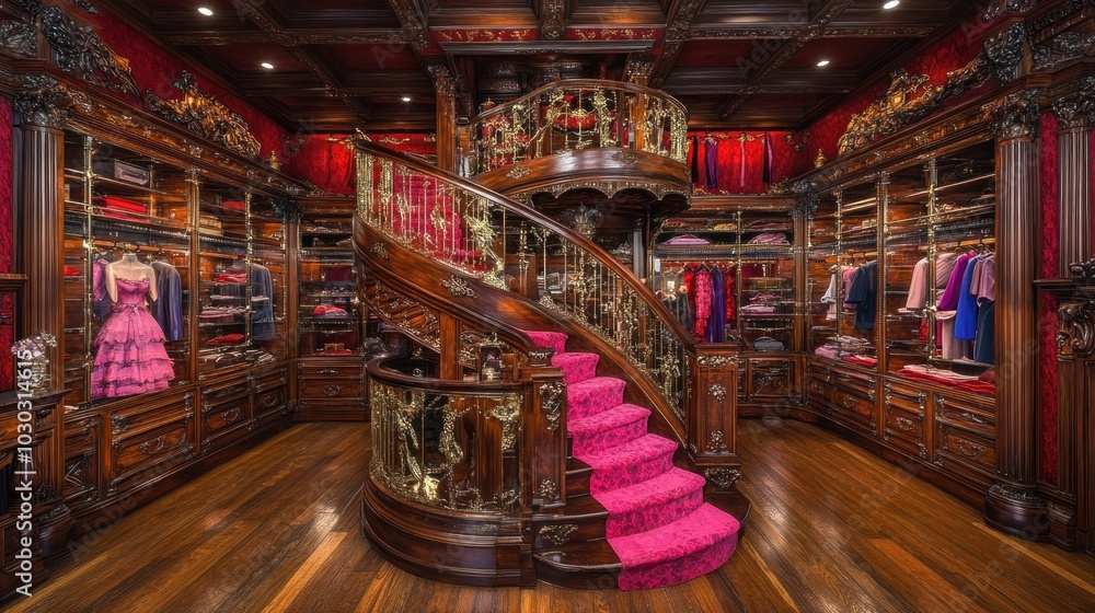 Fototapeta premium Luxurious wooden closet with a grand staircase and elegant decor.