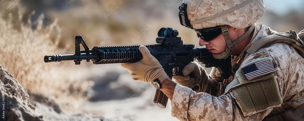 Fototapeta premium Close-up of soldier in desert gear, gripping rifle with intense focus in a hot, sandy environment, military readiness, capturing the essence of focus and preparation
