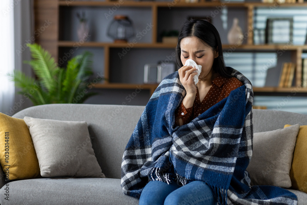 Asian woman wrapped in warm blanket sneezes into tissue on sofa. Comfortable home setting with cushions and plant in background, evokes feeling of cozy warmth during cold season.