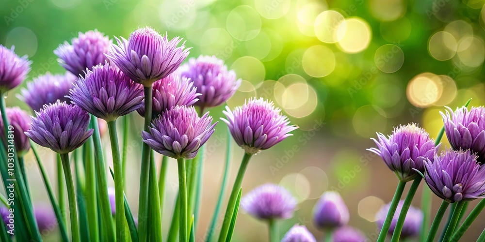 Fototapeta premium A vibrant cluster of lavender blooms, each petal delicately unfurling, bathed in the warm glow of sunlight filtering through a lush, green backdrop.