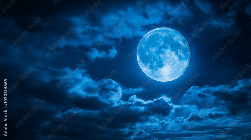 A full moon shines brightly in a dark blue night sky filled with clouds. A full moon shines brightly in a dark blue night sky filled with clouds.