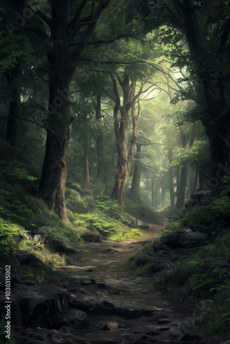 A sunlit path winds through a lush, verdant forest with towering trees.