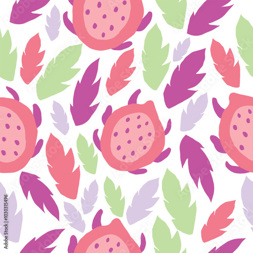 dragon fruit and colorful pastel leaves tropical seamless pattern.