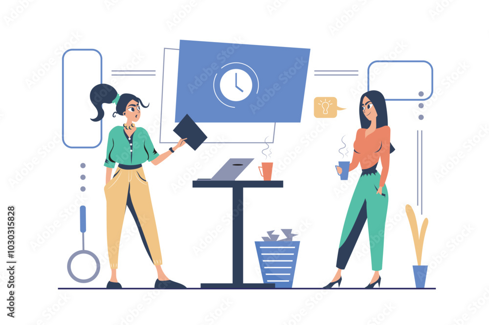 Fototapeta premium Recruitment concept in modern flat cartoon design for web. Woman searching and selecting online resume, finding best candidates for job applicant, interviewing hiring workers. Vector illustration.