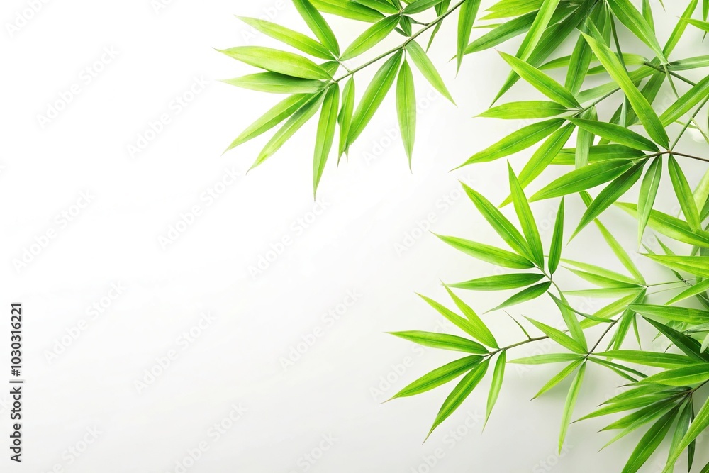minimalist image of light green bamboo leaves on white background minimalist image of light green bamboo leaves on white background
