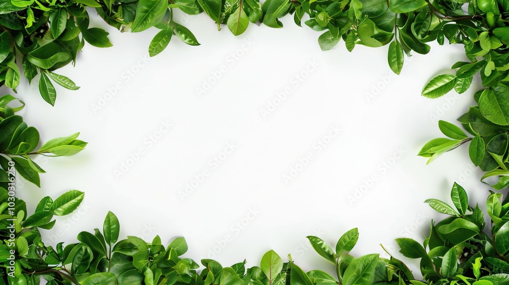 Fototapeta premium Bright green leaves forming a border around an empty space in the center, perfect for text.