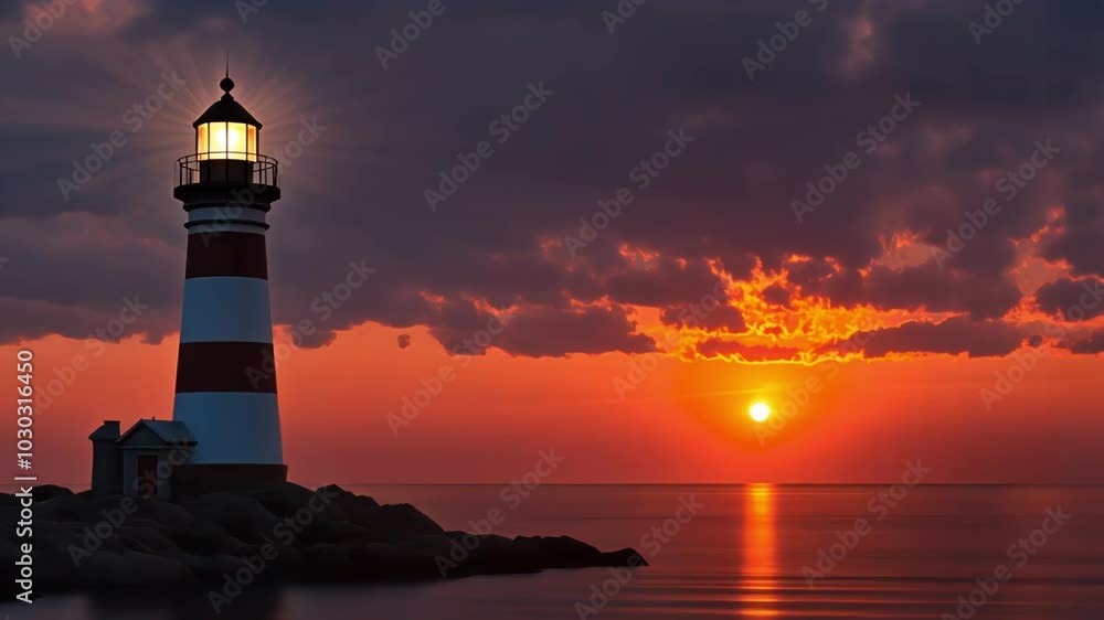 A lighthouse stands on a rocky shore at sunset. Orange and red sky over calm water. A lighthouse stands on a rocky shore at sunset. Orange and red sky over calm water.