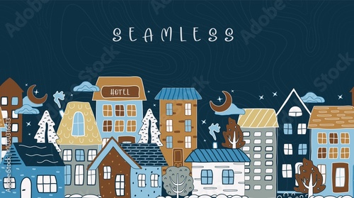 A seamless winter pattern of houses, tree, star. flat design, cartoon style.  A fashionable hand-drawn illustration. for print, paper, childrens wallpaper. art cute illustration. photo