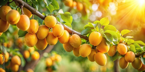 Image of ripe golden apricots reflected in an orchard tree