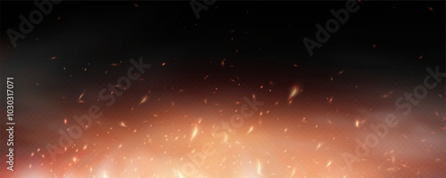 Burning hot sparks effect with embers burning ash and smoke flying in the air. Burning glowing particles. Flame of fire with sparks isolated on a black transparent background. Flame png.