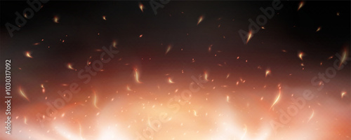 Burning hot sparks effect with embers burning ash and smoke flying in the air. Burning glowing particles. Flame of fire with sparks isolated on a black transparent background. Flame png.