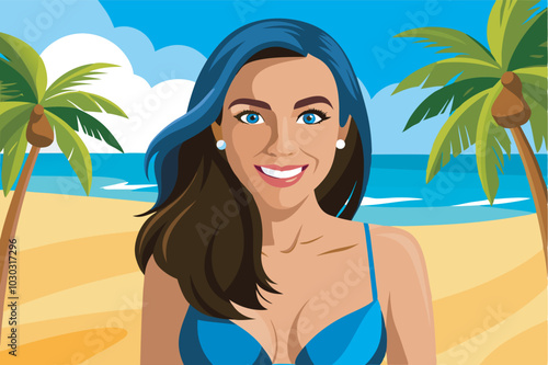 Woman with long blue hair and bikini on beach. Smiling, carefree. Serene beachscape with blue waters, golden sands, coconut trees.