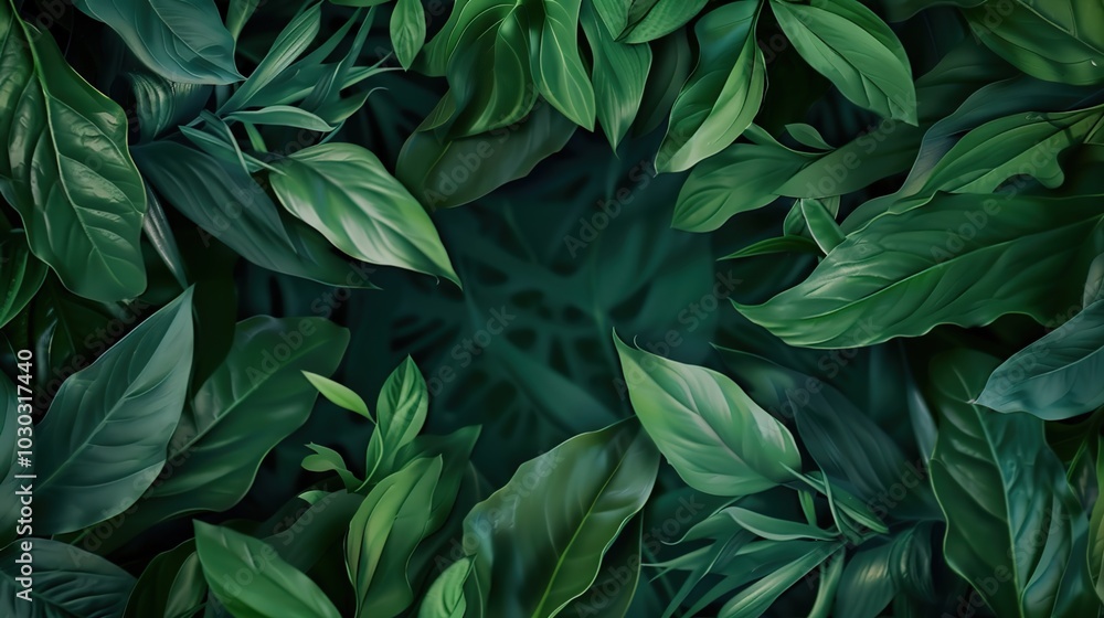 Fototapeta premium Bright green leaves forming a border around an empty space in the center, perfect for text.