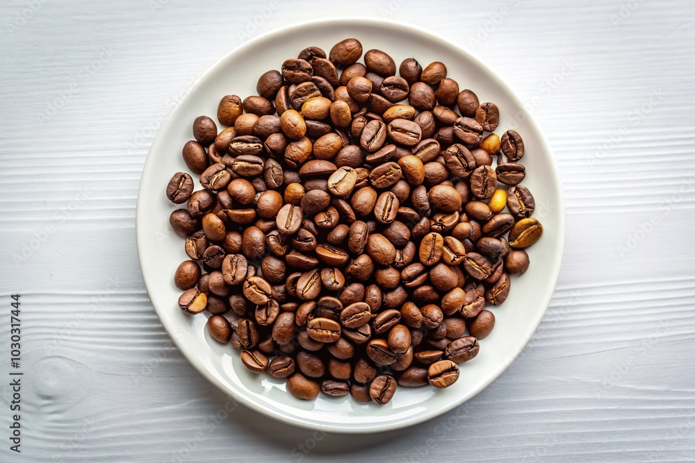 Fototapeta premium Minimalist light roasted coffee beans on white plate on table