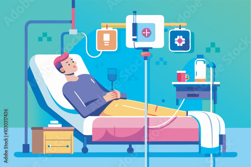 A hospital room with a patient lying in bed, monitoring equipment, IV drip, and nurse's station. Clinical green-blue color scheme adds to sterile atmosphere.