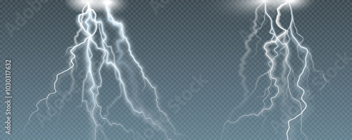Realistic lightning flash effect, thunderstorm and lightning. Shining white lightning isolated on transparent background, natural phenomenon png.