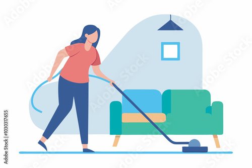 A woman in a red shirt and blue pants vacuums a tidy living room with a green sofa, coffee table, and wall decor including a clock and picture.