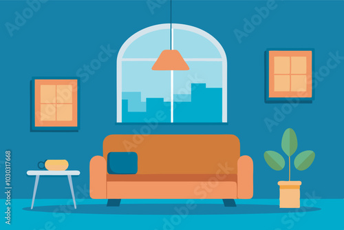A vibrant living room with an orange sofa, blue walls, and a cozy ambiance enhanced by natural light and colorful decor. Comfortable and lively atmosphere.