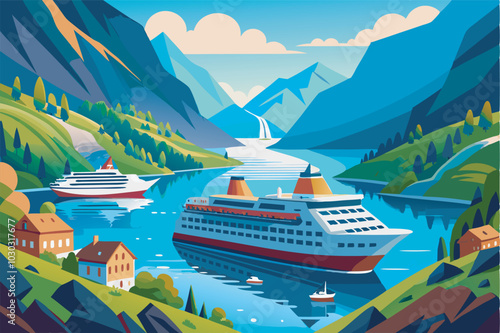  2 cruise ships on water surrounded by green mountains, small boats, buildings with red and white roofs, clouds in blue sky.