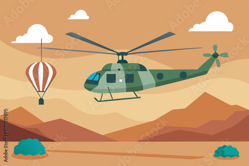 A military green helicopter flies over a desert with mountains, sand dunes, and a hot air balloon. Serene sky with white clouds and a black border framing the scene.