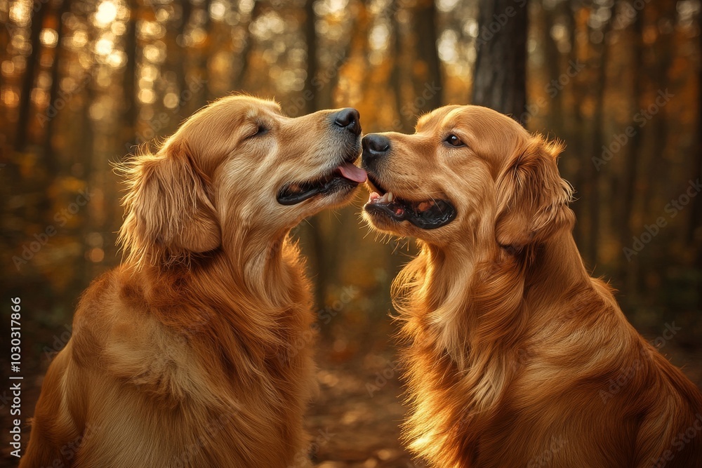 Obraz premium Two golden retrievers playfully interacting in a sunlit autumn forest surrounded by golden leaves evoking friendship joy and warmth in a peaceful natural setting