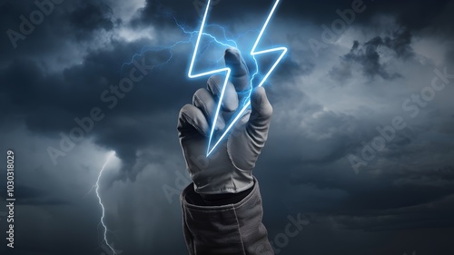 An outstretched hand grasps for a bolt of lightning amidst a raging storm, symbolizing raw power and unbridled energy photo