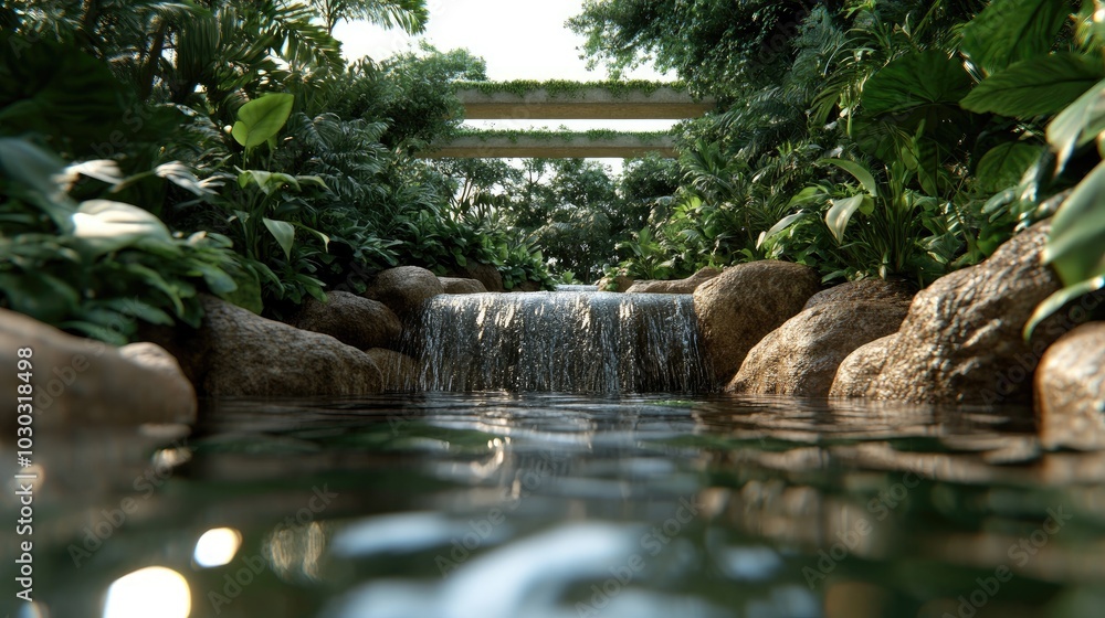 Serene Waterfall Surrounded by Lush Greenery Serene Waterfall Surrounded by Lush Greenery