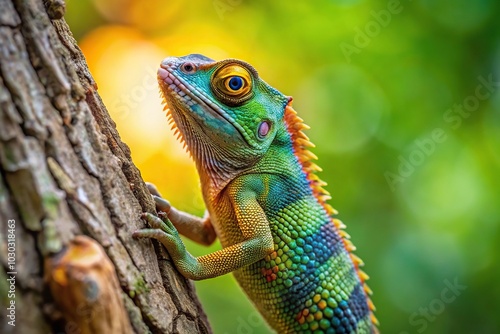 Indian chameleon climbing on tree