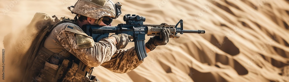Fototapeta premium Focused soldier in desert combat gear holding rifle, sand whipping through the air, readiness in every move, military precision, determination in challenging environment