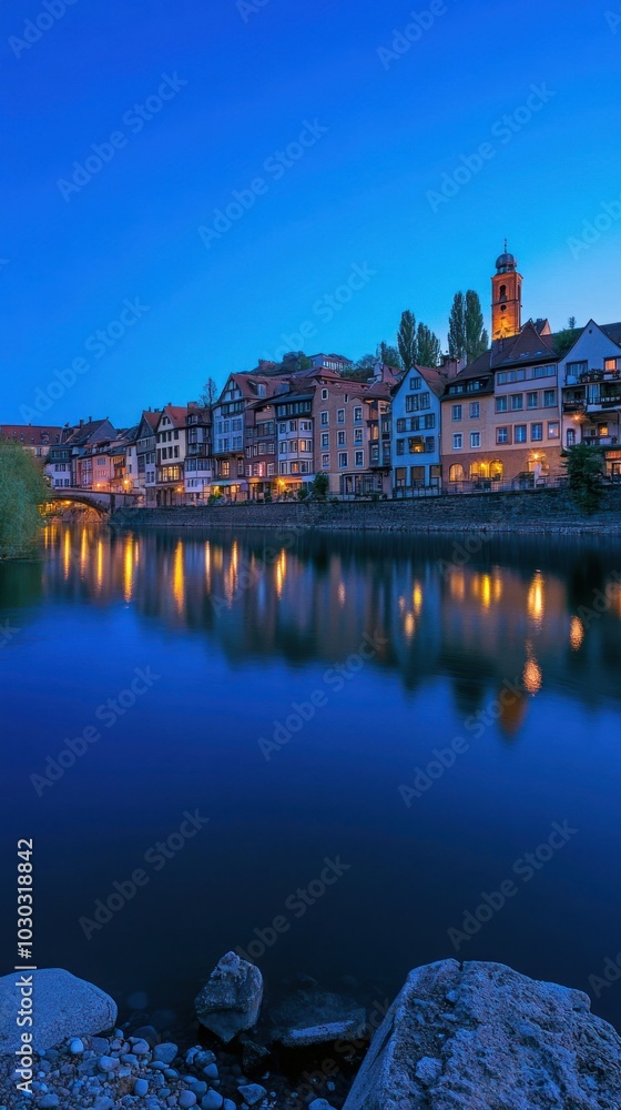 European Town with River at Dusk and Reflected Lights European Town with River at Dusk and Reflected Lights