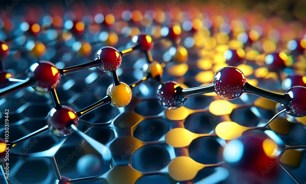 Red and Yellow Spheres Connected by Silver Rods on a Blue and Yellow Hexagonal Pattern Red and Yellow Spheres Connected by Silver Rods on a Blue and Yellow Hexagonal Pattern