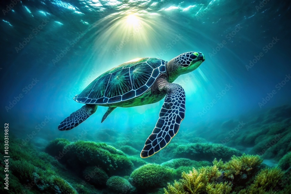 Obraz premium Minimalist neon turtle swimming among algae at the bottom of the ocean