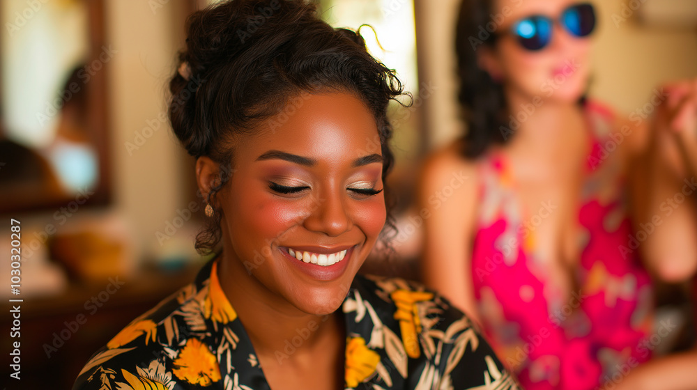 Laughing bridesmaids in floral robes, enjoying fun and excitement before wedding ceremony. Friendship, joy, and carefree moments during bridal preparations for an unforgettable and happy celebration Laughing bridesmaids in floral robes, enjoying fun and excitement before wedding ceremony. Friendship, joy, and carefree moments during bridal preparations for an unforgettable and happy celebration