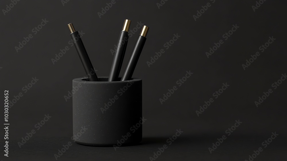 A black pen holder with black pens on a black surface. A black pen holder with black pens on a black surface.