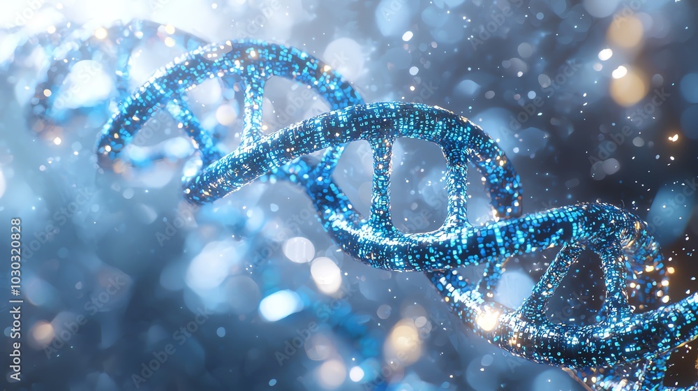 A mesmerizing close-up of a DNA strand, sparkling in blue hues against a dreamy, bokeh background. Ideal for scientific themes. A mesmerizing close-up of a DNA strand, sparkling in blue hues against a dreamy, bokeh background. Ideal for scientific themes.