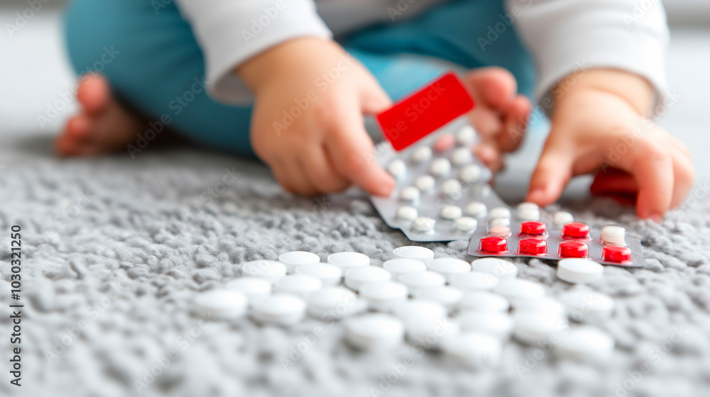 Baby playing with pills on carpet, symbolizing danger, child safety, and accidental poisoning risks. Parental awareness, home safety, and early childhood development for health and protection. Baby playing with pills on carpet, symbolizing danger, child safety, and accidental poisoning risks. Parental awareness, home safety, and early childhood development for health and protection.