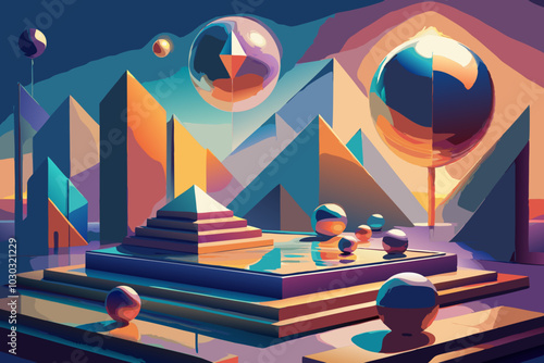 Surreal Digital Artwork of Geometric Landscape with Floating Spheres