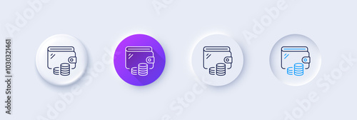 Wallet line icon. Neumorphic, Purple gradient, 3d pin buttons. Money purse sign. Cash budget symbol. Line icons. Neumorphic buttons with outline signs. Vector