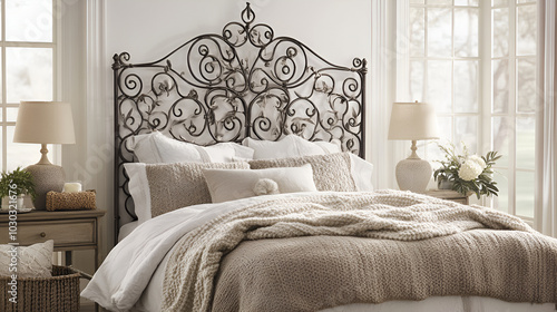 Bedroom interior details, bedside of forged black steel bed with pillows, Large double wrought iron bed, Bed is covered with white linens, Metal Bed on white background