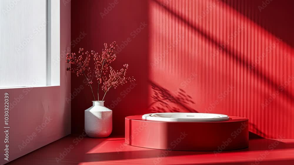 A white vase with red berries sits on a red floor next to a red platform in a room with a window A white vase with red berries sits on a red floor next to a red platform in a room with a window