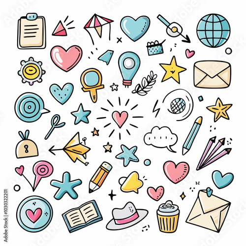 A collection of hand-drawn doodle icons, including hearts, stars, a hat, a coffee cup, a pencil, a book, a globe, a plane, a cloud, and more.