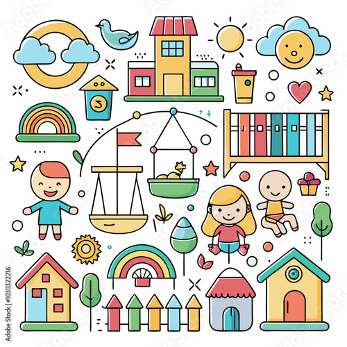 A colorful and whimsical illustration of a child's world, filled with playful elements like a swing set, a toy boat, a rainbow, and adorable houses.