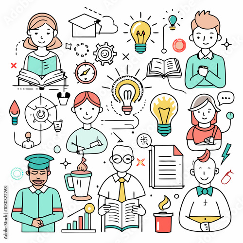 A vibrant illustration depicting the joy of learning and discovering new ideas. It features people reading books, brainstorming, and thinking creatively.