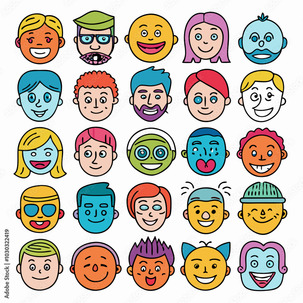 A collection of 30 unique and diverse cartoon faces, each with a distinct expression and personality. Perfect for adding a playful touch to your projects, these illustrations are ideal for websites. A collection of 30 unique and diverse cartoon faces, each with a distinct expression and personality. Perfect for adding a playful touch to your projects, these illustrations are ideal for websites.