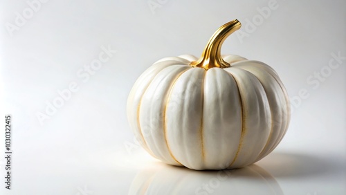 White pumpkin with gilded base on white background extreme close-up photo