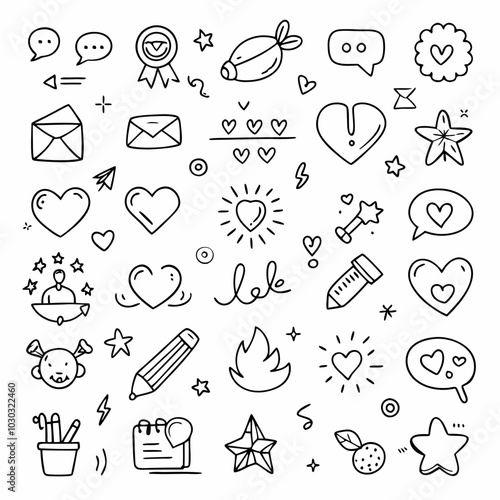 A delightful collection of hand-drawn doodles, perfect for adding a touch of whimsy to your designs. This set includes hearts, stars, love notes, and more.