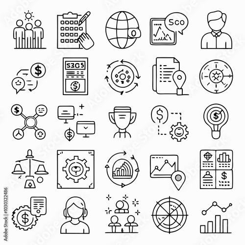 A set of 30 line icons representing various business and financial concepts, including teamwork, goal setting, data analysis, and customer support. Ideal for presentations, websites.
