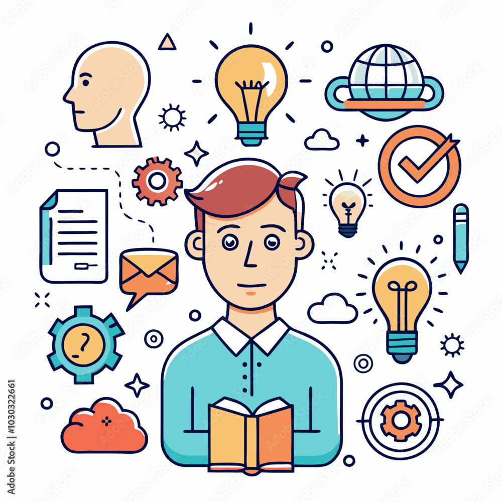 An illustration showcasing a young man immersed in learning. Surrounded by symbols of knowledge, like books, lightbulbs, gears, and a cloud. An illustration showcasing a young man immersed in learning. Surrounded by symbols of knowledge, like books, lightbulbs, gears, and a cloud.