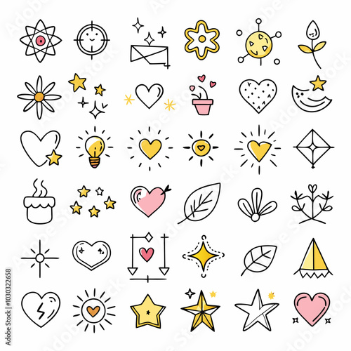 A collection of cute and colorful hand-drawn icons, perfect for adding a touch of whimsy to your designs. The icons include hearts, stars, flowers, suns, and more.