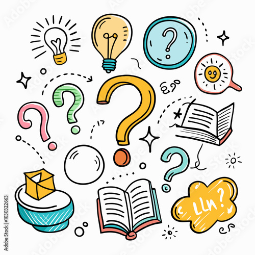 A playful and colorful illustration of various doodle elements, including question marks, light bulbs, a book, and a speech bubble, all related to the concept of learning and knowledge.